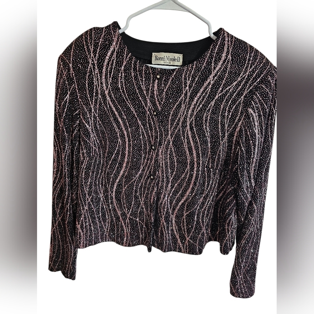 Ronni Nicole II Vintage Black Pink Shimmer Cropped Cardigan Top Large Luxury 80s - Picture 2 of 6